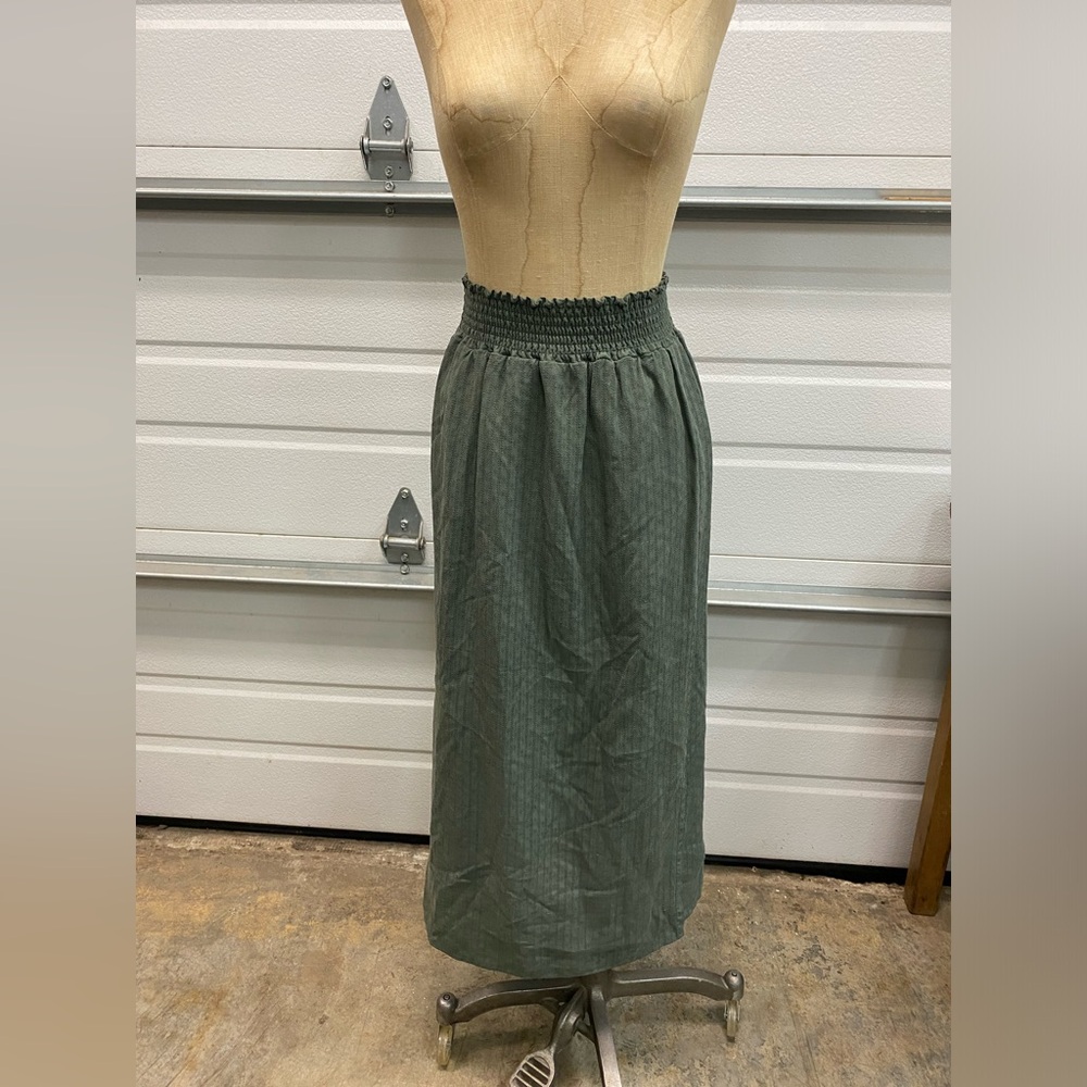 EILEEN FISHER 100% Silk Faux Wrap Maxi Skirt Sz S/M Green Elastic Waist